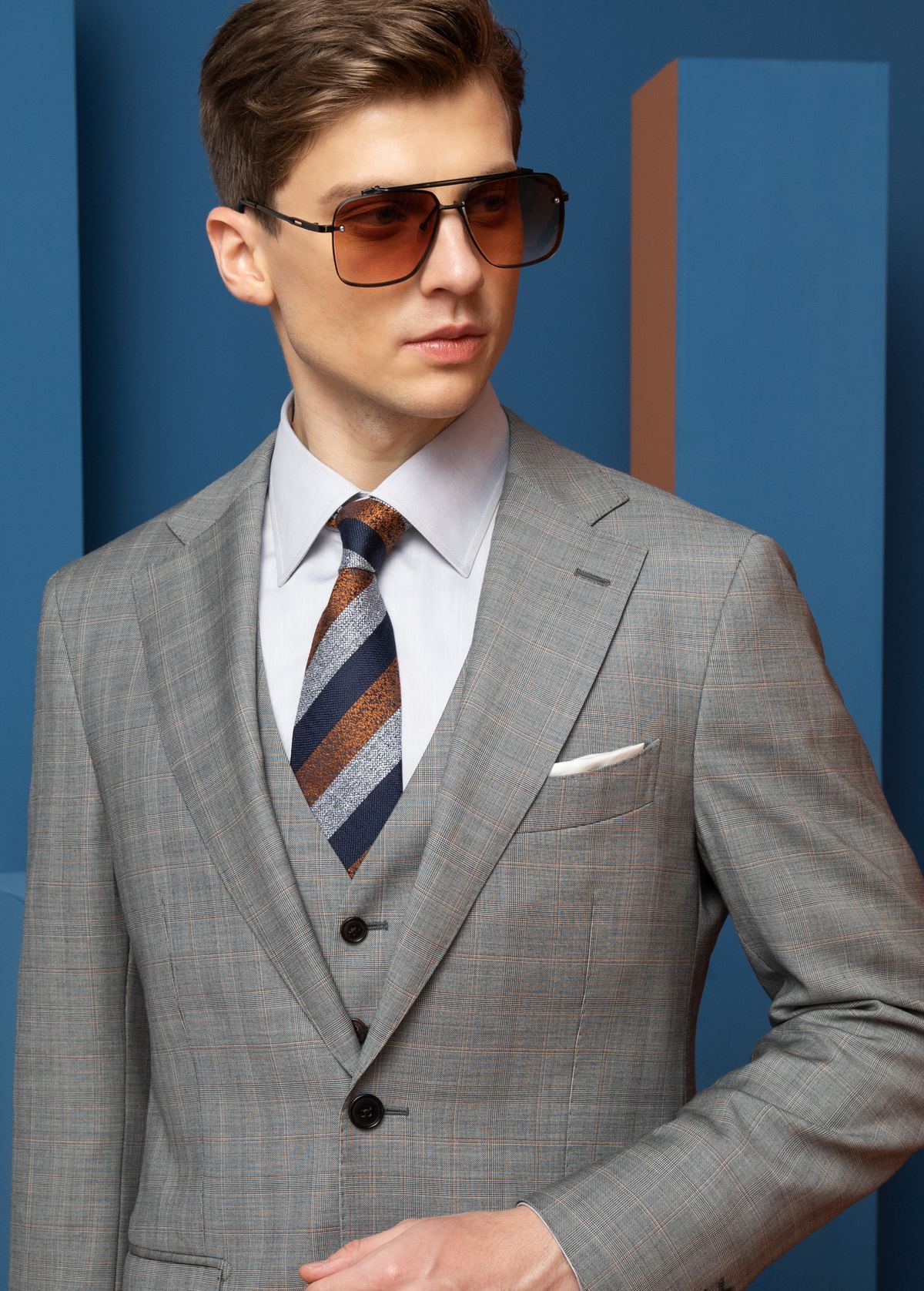 Blue Textured Suit -- Sitting Pose