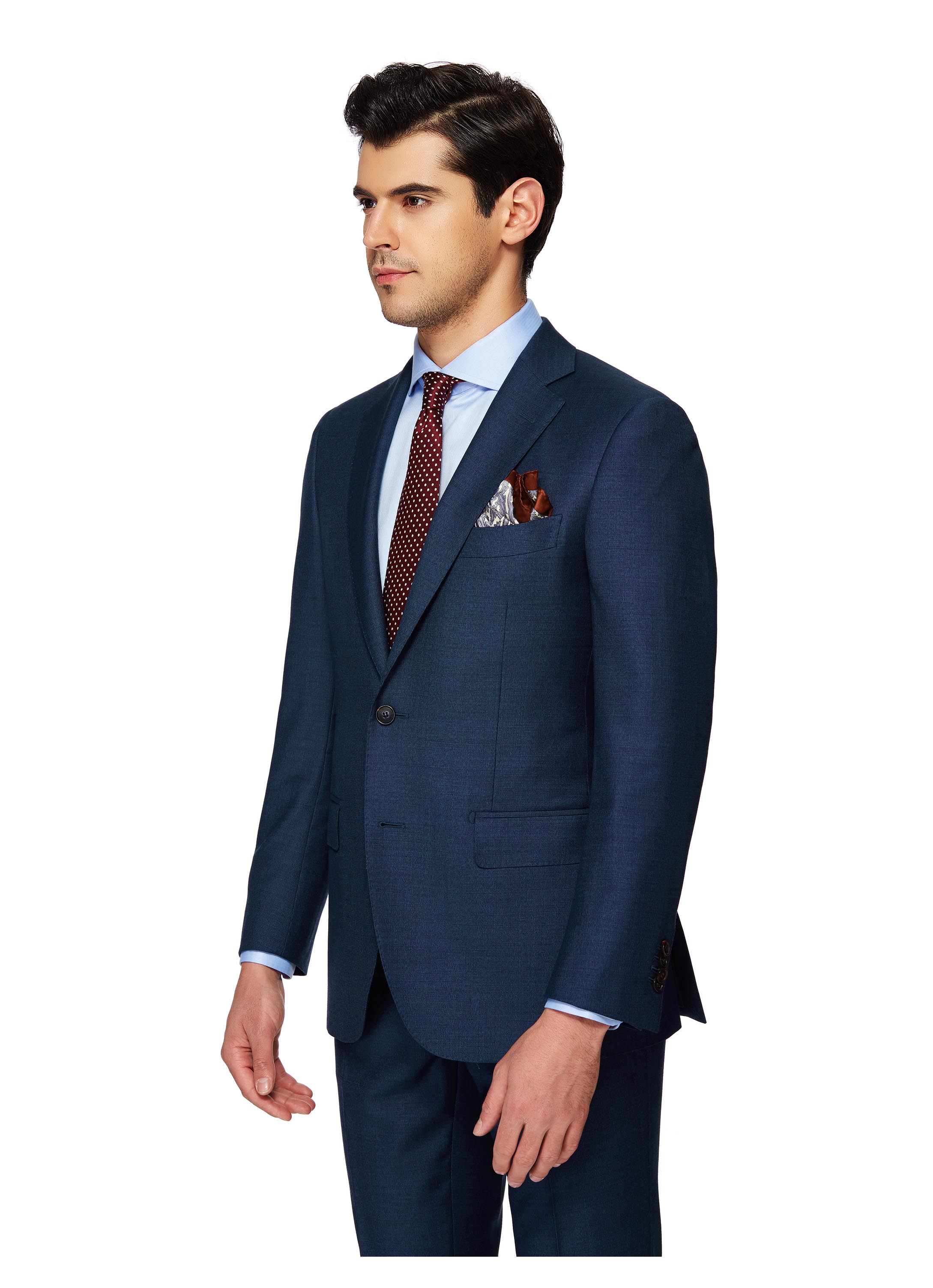 SN001 deep navy suit with light blue shirt and burgundy tie